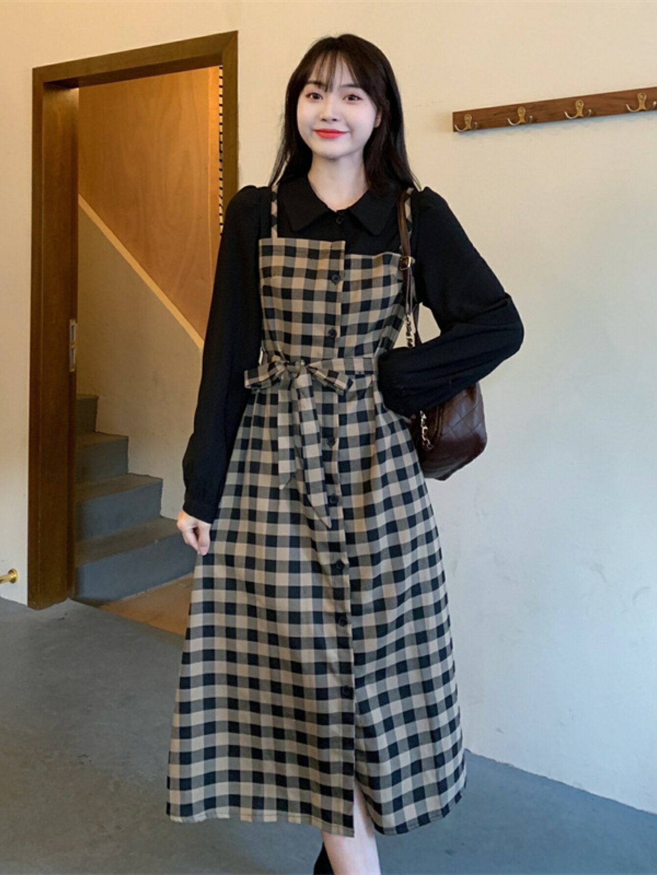 レディース ファッション ワンピース シニア向け レトロ風 フェイク チェック柄 長袖 ドレス 秋冬ファッション オールマッチ 年齢低減 シャツドレス ぽっちゃり スリム レトロ セットアップ ドレス 春秋 大きめサイズ