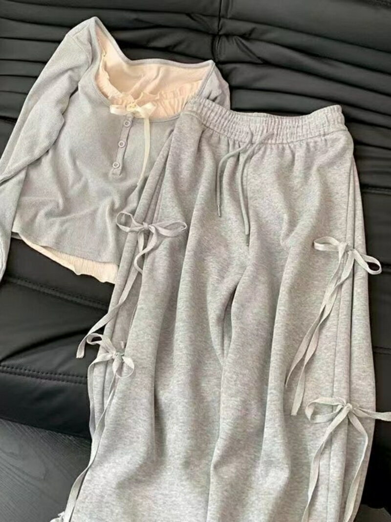 セットアップ レディース 春夏 韓国風 カジュアル ゆったり 体型カバー 半袖 クロップド丈Tシャツ ハイウエストワイドパンツ 2点セット おしゃれ リラックス(x2)