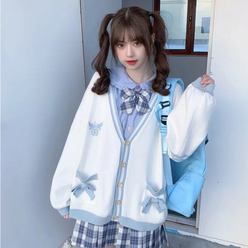 乐天商城 - ニットカーディガン レディース JK スクール 日系 ガーリー Vネック ゆったり 長袖 秋冬 トップス カジュアル ポケット付き 切り替え ポリエステル アクリル