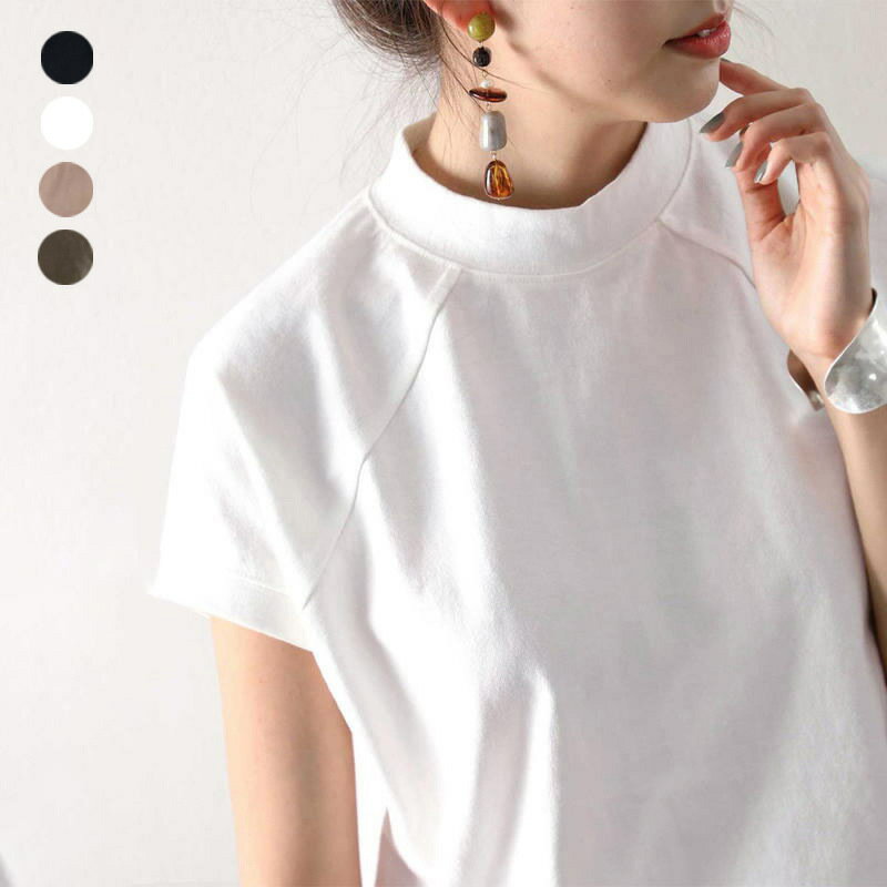 乐天商城 - レディース カジュアル 夏 トップス サマー 普段使い 韓国 シンプル 白 ハーフ タートルネック 半袖 T シャツ 女性 綿 おしゃれ