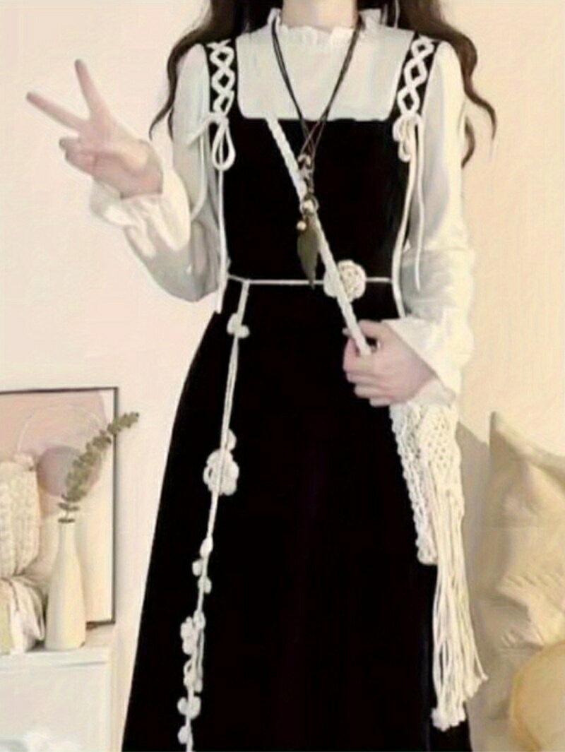 乐天商城 - ワンピース レディース フレンチ レトロ 2点セット 長袖 シャツ ブラウス ランタンスリーブ サスペンダードレス ジャンパースカート ミディ丈 Aライン ハイウエスト スクエアネック 切り替え ポリエステル 春夏