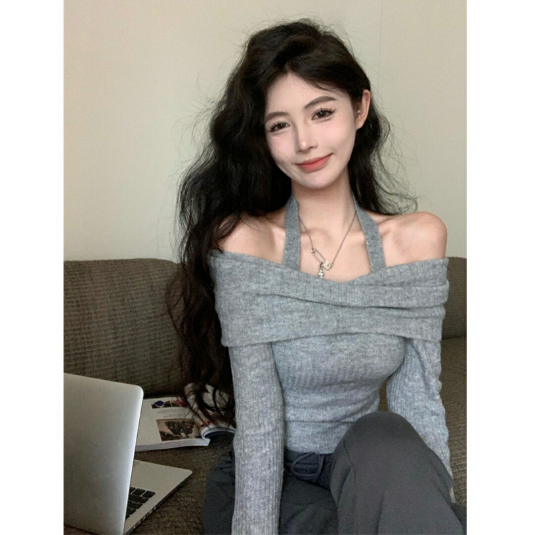 乐天商城 - ニット レディース 長袖 春秋 一字肩 トップス インナーウェア 伸縮性 無地 きれいめ かわいい 私服名媛風 グレー ブラック レッド カーキ コーヒー ピンク チャコールグレー