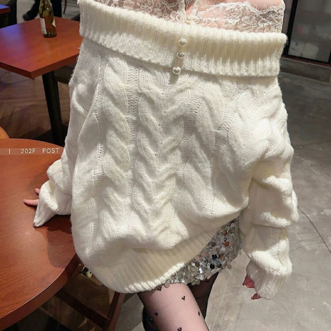 ニット レディース 秋冬 一字肩 肩出し トップス プルオーバー ゆったり ミディアム丈 接触冷感 伸縮性 無地