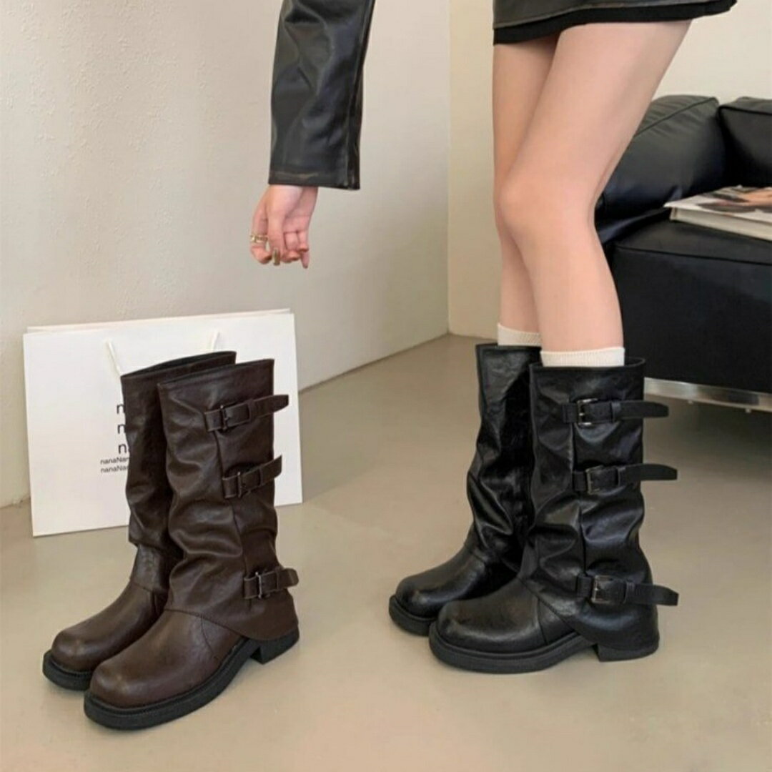 2025 秋冬 ブーツ レディース 厚底 騎士 ロングブーツ ウエスタンブーツ カウボーイブーツ 中筒 秋冬 革 レザー 防水 滑り止め ラウンドトゥ ベルト飾り ブラック ブラウン