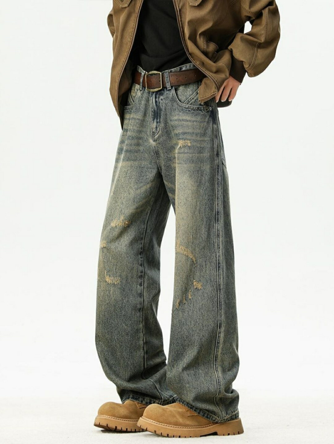 乐天商城 - デニムパンツ メンズ アメリカン ヴィンテージ ウォッシュ ダメージ加工 ストリート ルーズストレート ワイド ジーンズ 綿 ストレッチ カジュアル 普段使い フルレングス ヴィンテージカラー