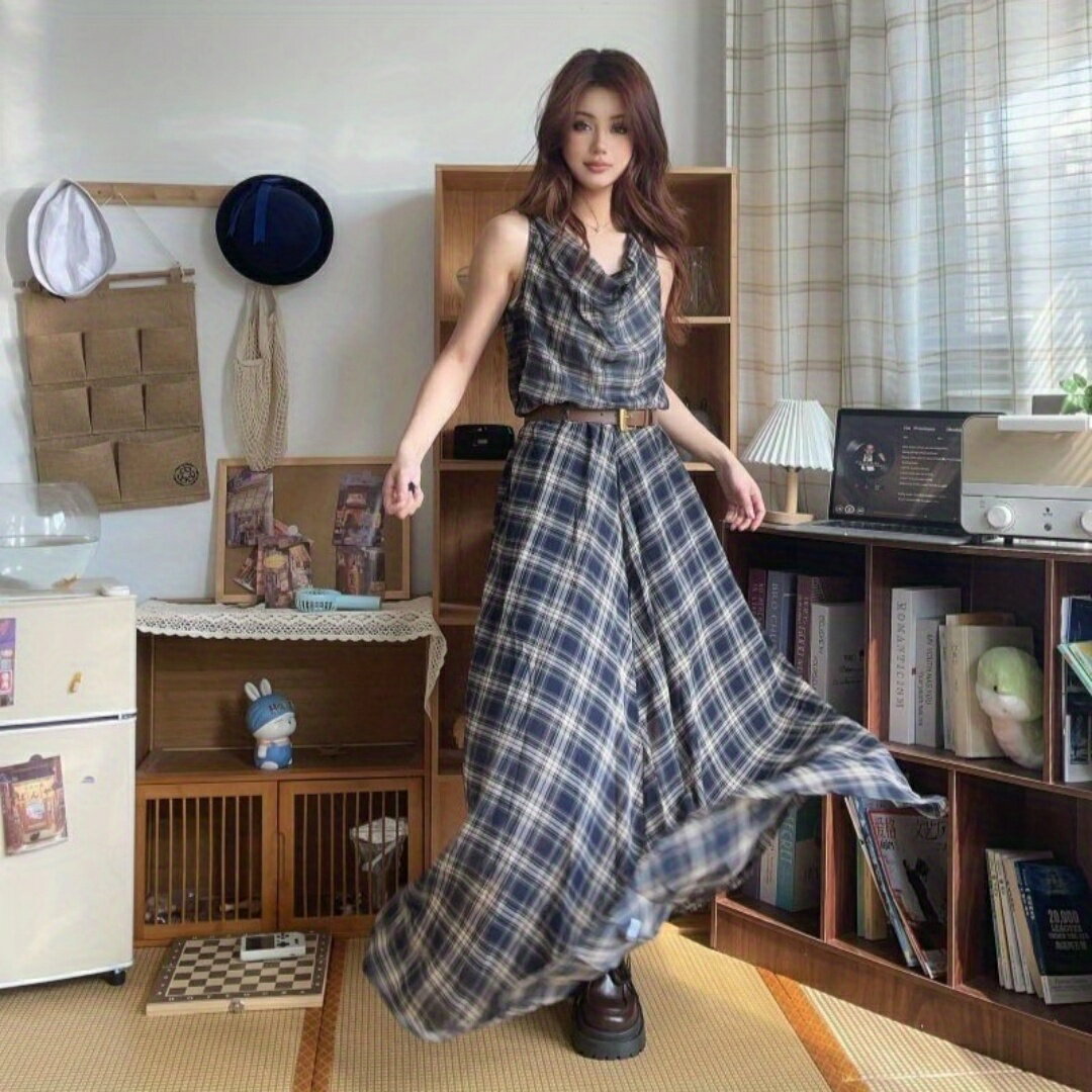 セットアップ レディース レッド レトロ チェック柄 キャミソールワンピース ハイウエスト ミニスカート 春夏 オフィス カジュアル 通勤 お出かけ 普段使い 伸縮性 2点セット