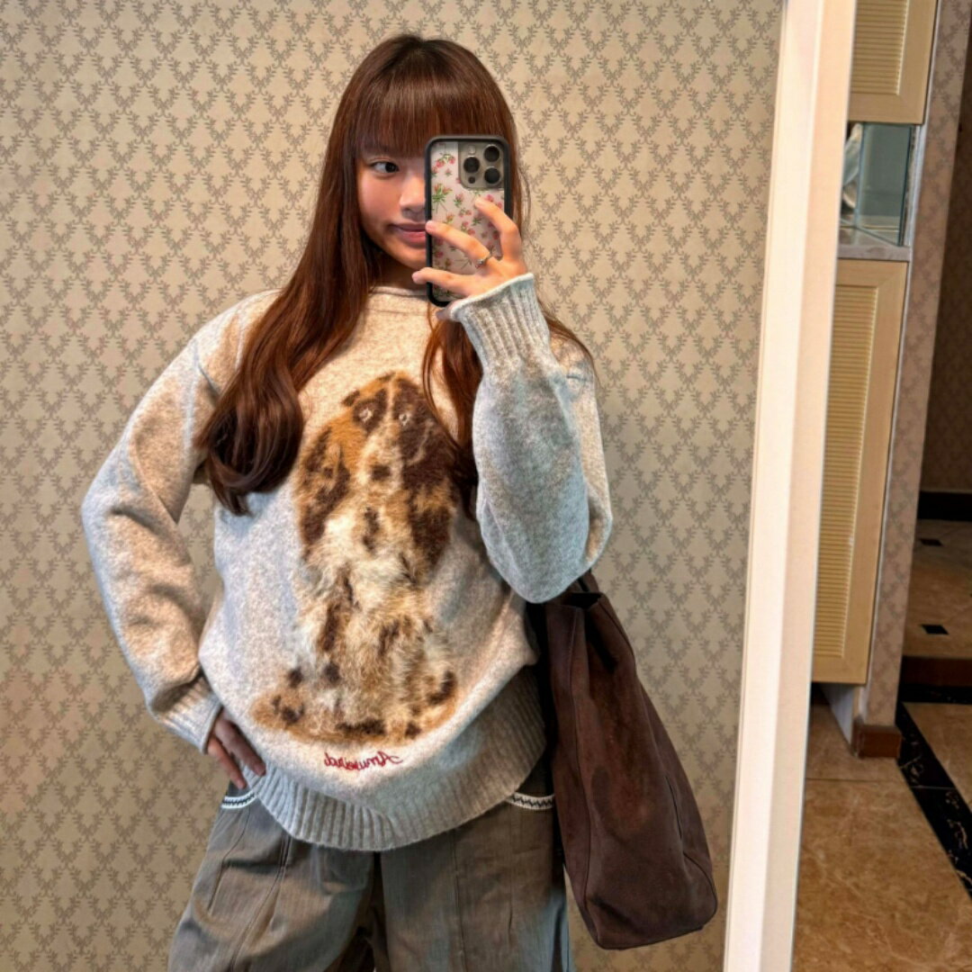 ニット レディース 秋冬 韓国 かわいい 犬柄 セーター ゆったり トップス 長袖 丸首 リブ グレー 普段使い デート