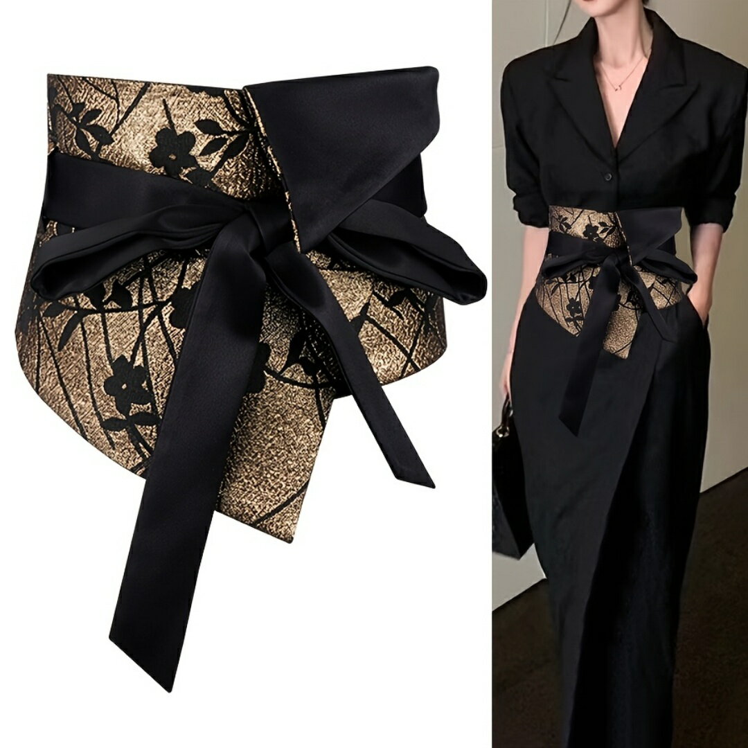 ベルト レディース ファッション ウエストマーク ブラック ゴールド ローズ柄 エレガント 幅広 ウエス..