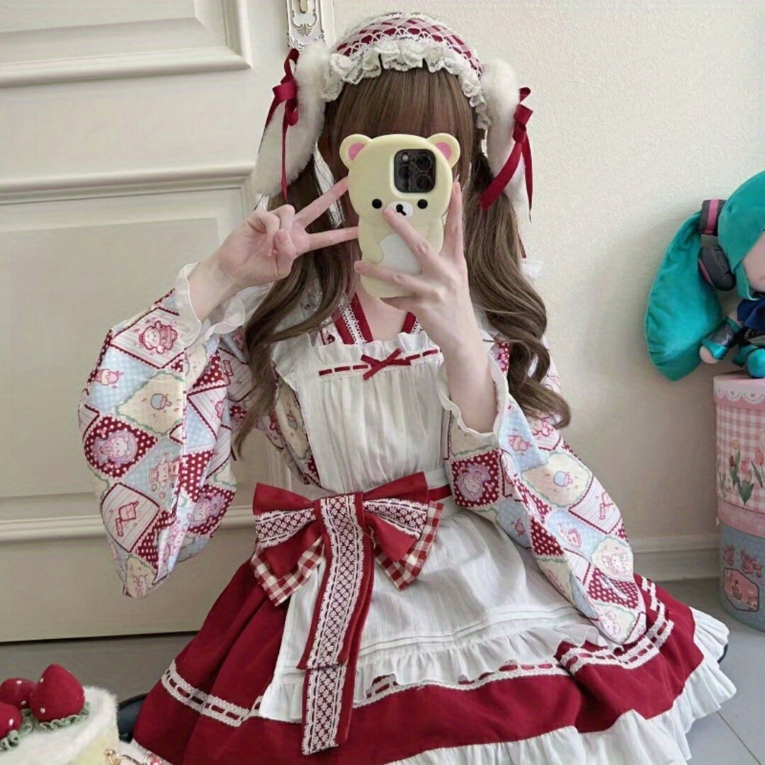 和風メイド服 ロリータ コスチューム 洋装 ブルー スカート かわいい 上下セット 6色 4点セット レディ..