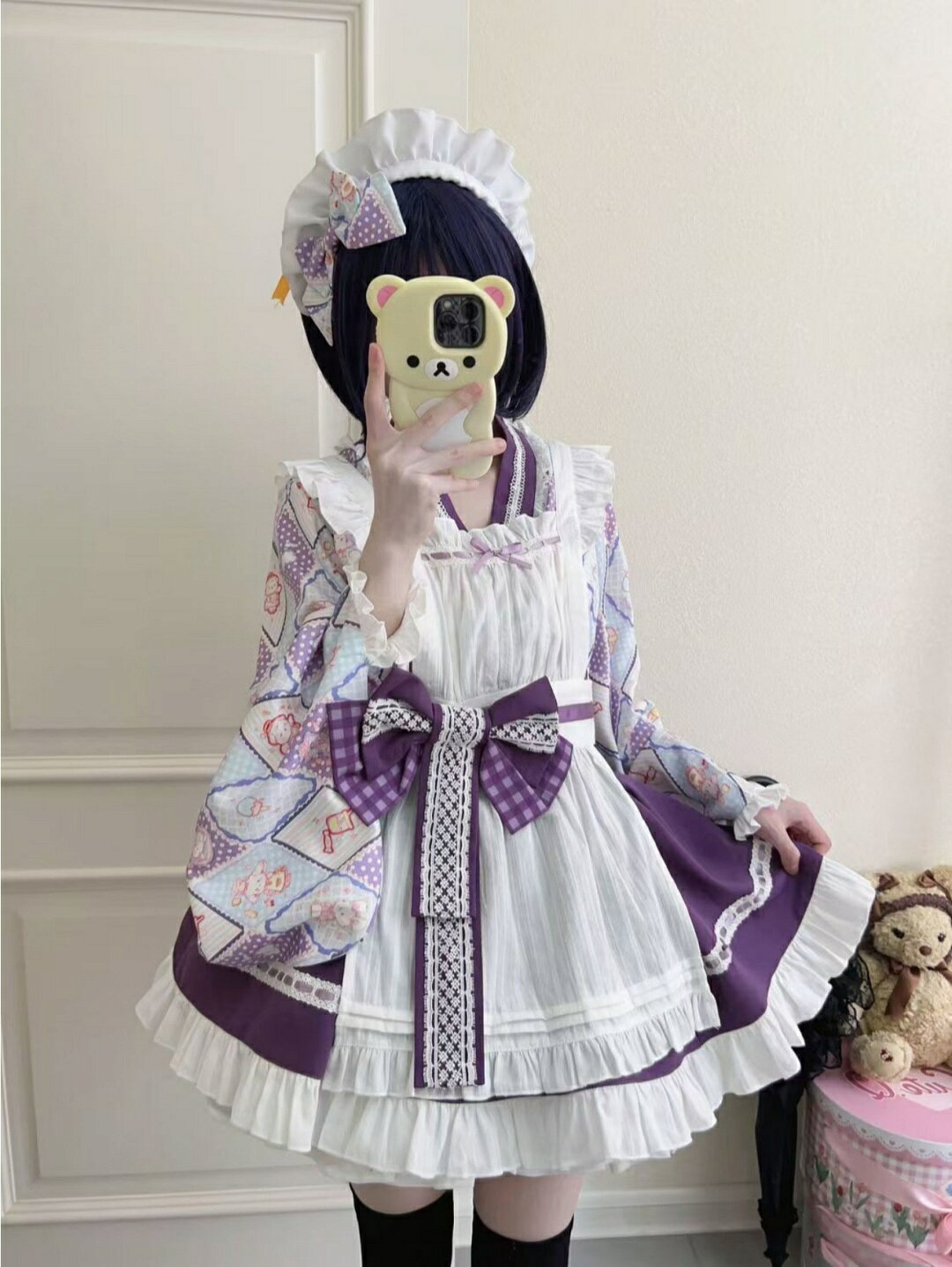 ゴリー楽天市場店の和風メイド服 ロリータ コスチューム 洋装 ブルー スカート かわいい 上下セット 6色 4点セット レディース ハロウィン 洋服 ロリータ S~L ハロウィーン コスプレ衣装 変装 仮装 配色 可愛い 学園祭 文化祭 イベント衣装 パープル｜アングル2