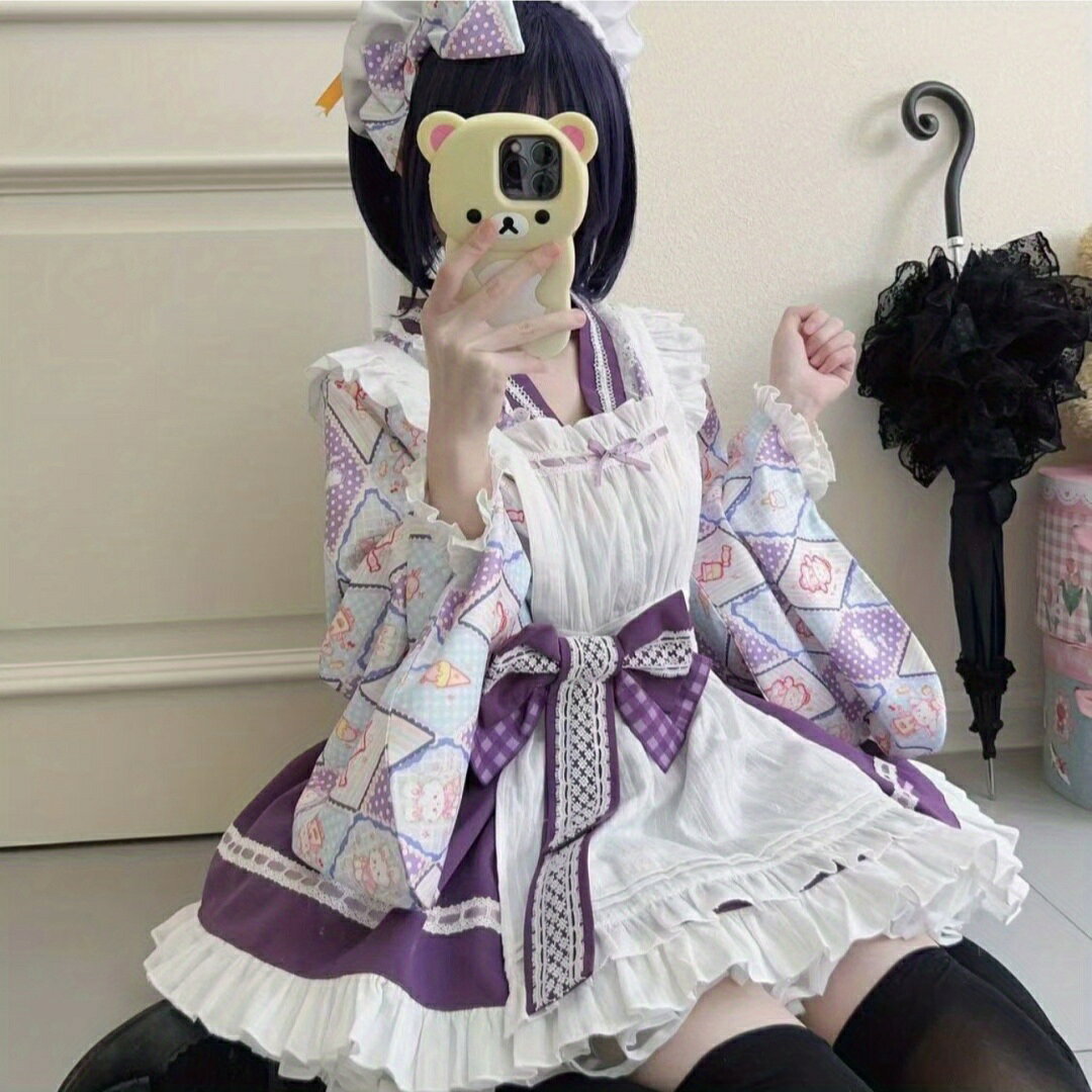 ゴリー楽天市場店の和風メイド服 ロリータ コスチューム 洋装 ブルー スカート かわいい 上下セット 6色 4点セット レディース ハロウィン 洋服 ロリータ S~L ハロウィーン コスプレ衣装 変装 仮装 配色 可愛い 学園祭 文化祭 イベント衣装 パープル｜アングル3