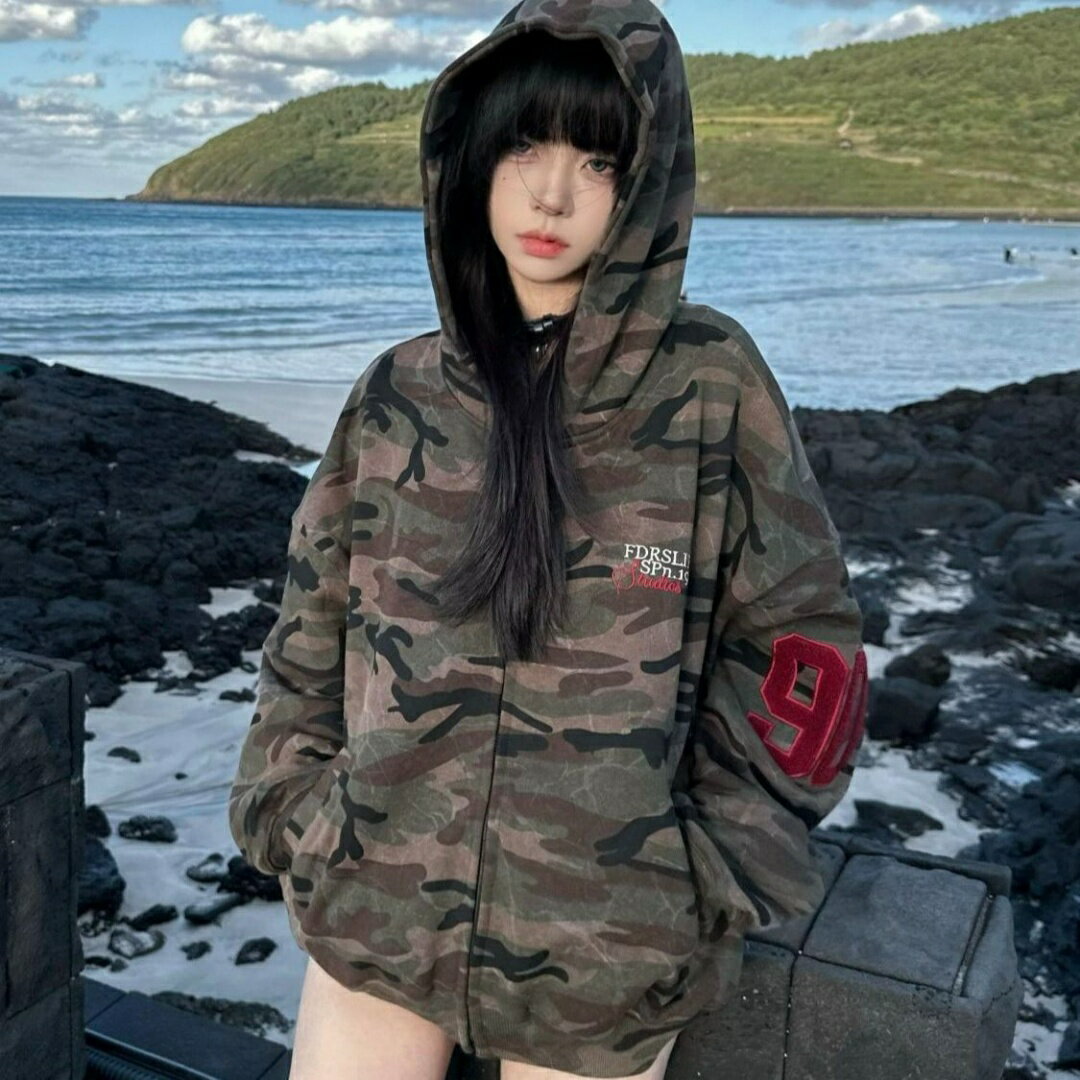 パーカー レディース 秋冬 裏起毛 厚手 刺繍 ロゴ ルーズ ゆったり ジップアップ ミリタリー 迷彩柄 長袖 フード付き トップス 韓国ファッション