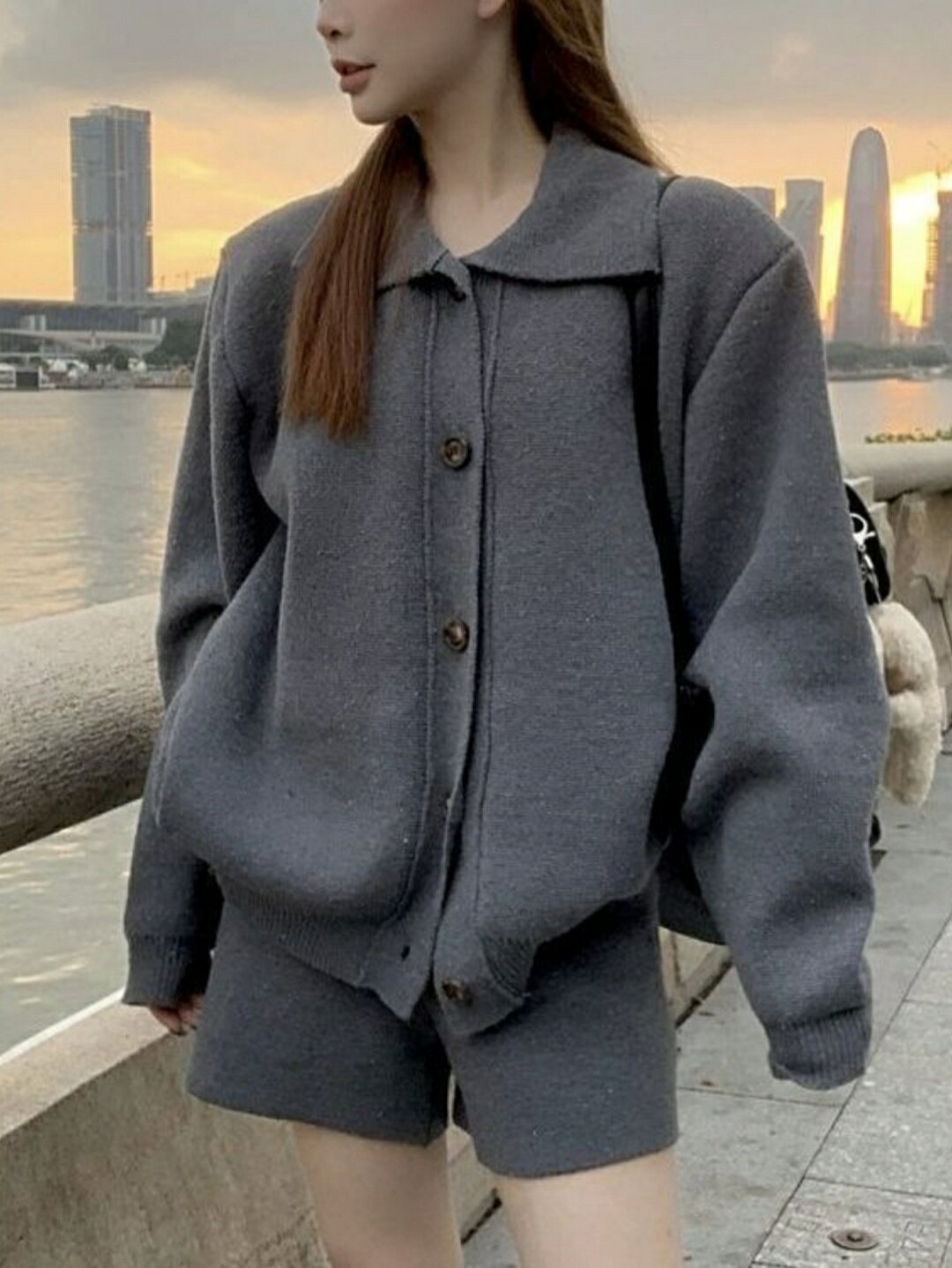 乐天商城 - 秋冬新作！ ニットセットアップ レディース セーター＆ショートパンツ 2点セット パンツセットアップ 上下セット トップス ボトムス ポロ ケーブル編み ゆったり スキッパー 体型カバー 折襟 Vネック 長袖 可愛い オシャレ トレンド 人気 大人カジュアル