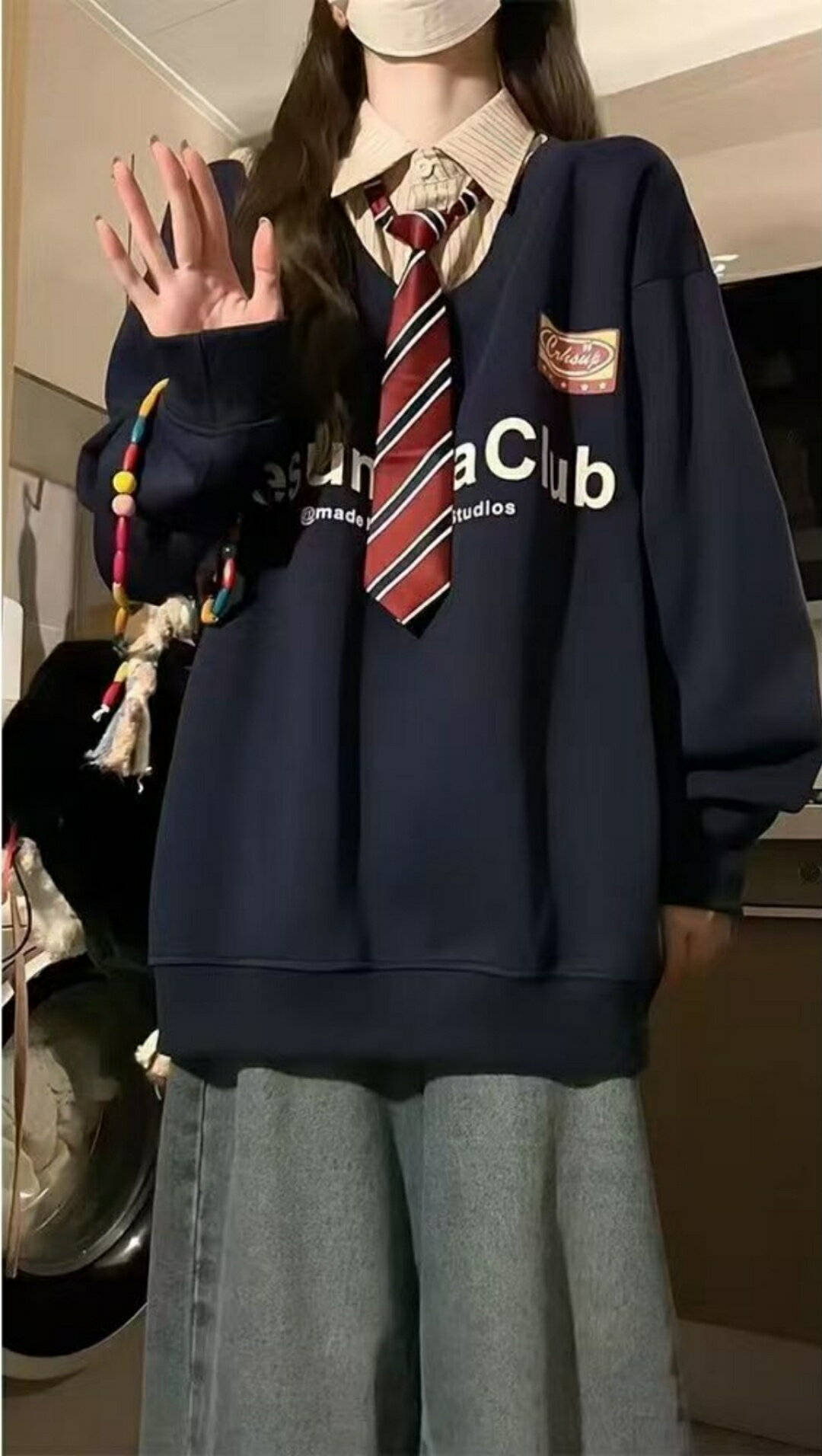 スウェット ユニセックス メンズ レディース 学生 フェイクレイヤード タイ付き ポロ襟 アメリカンカレッジスタイル 秋冬 ゆったり オーバーサイズ 切り替え 刺繍 パーカー+ネクタイ