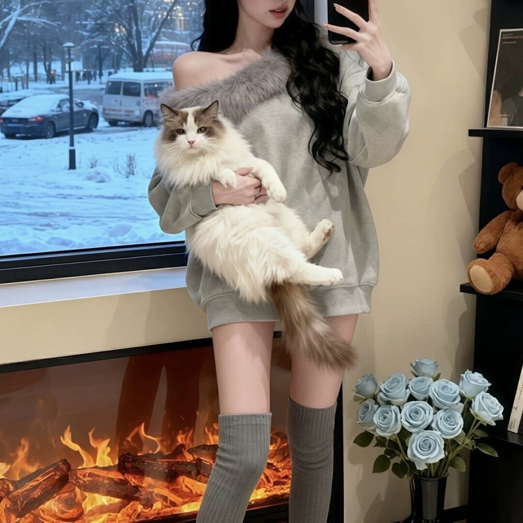 レディース 韓国風 ルーズプルオーバー 秋冬新作 裏起毛 フェイクファートリム スウェットシャツ オーバーサイズ カジュアル ルームウェア クリスマス ホリデーシーズン 日常着