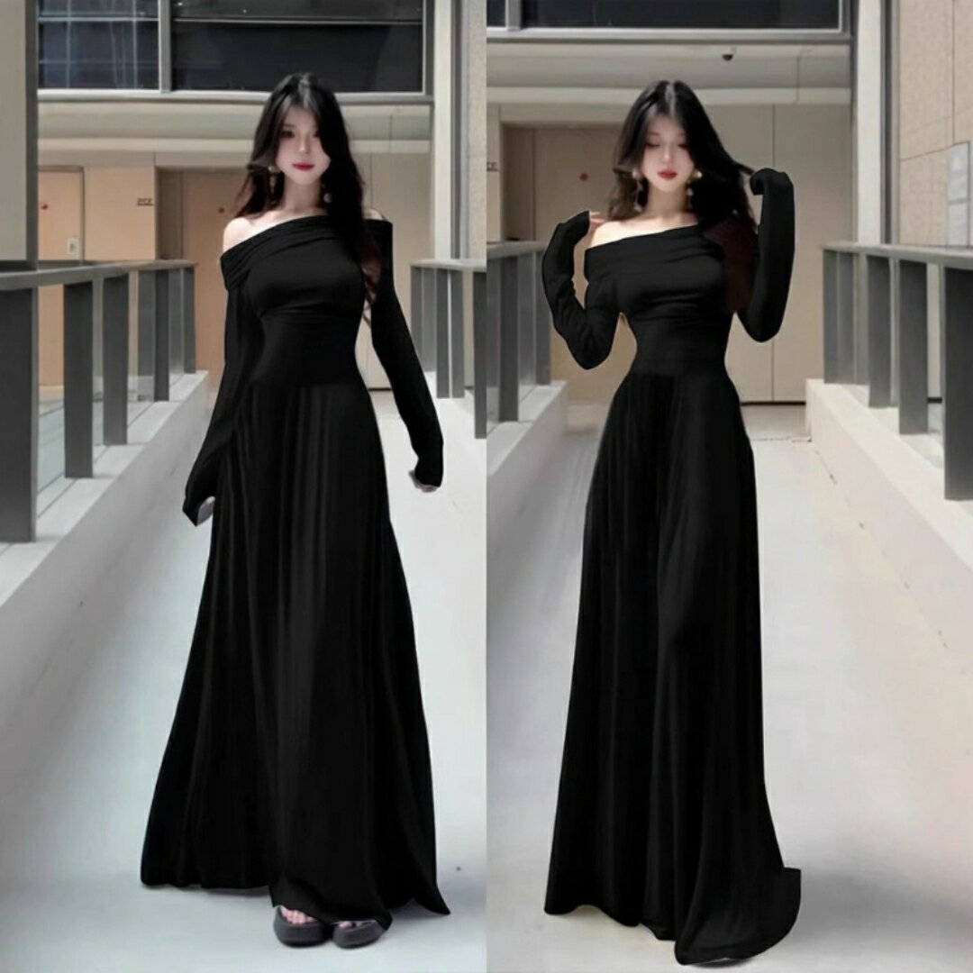 乐天商城 - ワンピース レディース フレンチレトロ 一字肩 ヘップバーン風 高見え スリムフィット 気質 婚約 結婚式 披露宴 パーティー 発表会 演奏会 舞台 衣装 ロングドレス カクテルドレス フォーマルドレス 春夏