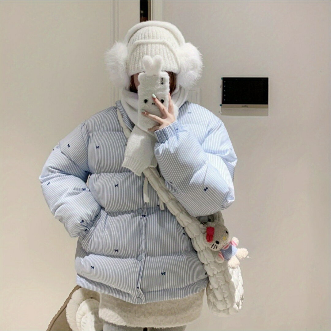 乐天商城 - アウター レディース ストライプ柄 リボン ショート丈 スタンドカラー 中綿ジャケット 厚手 ゆったり 防寒 通勤 カジュアル 秋冬