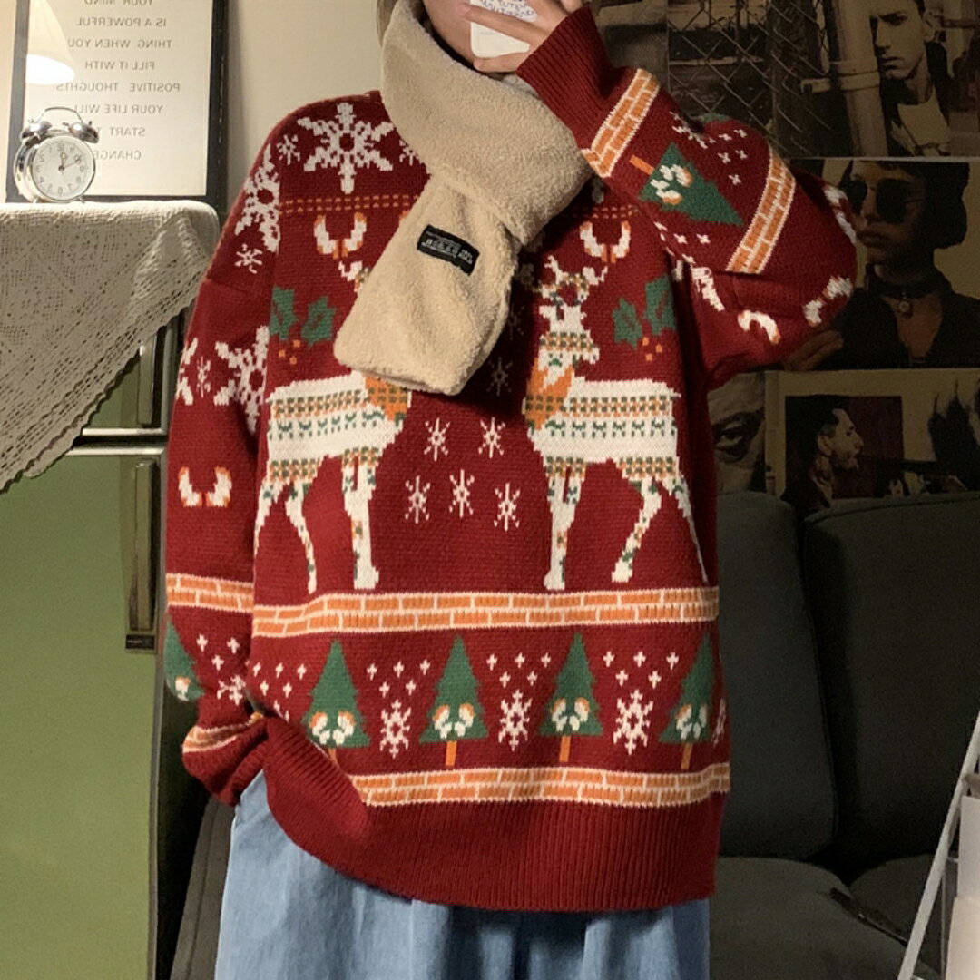 樂天商城 - ニット メンズ 秋冬 クリスマス ジャガード柄 ゆったり クルーネック 長袖 プルオーバー セーター ウォッシャブル コアヤーン ビスコース カジュアル