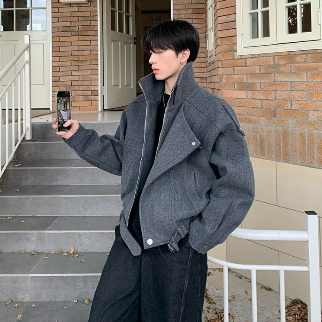 乐天商城 - 秋 デコンストラクト スタンドカラー ショートジャケット メンズカジュアル ハイエンド 韓国 ジャケット 高品質 おしゃれ スタイリッシュ リラックス