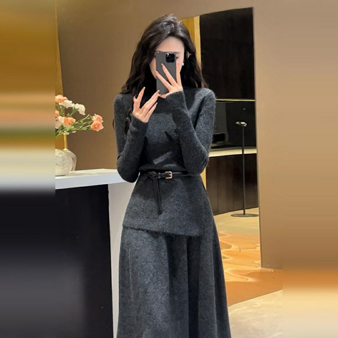 レディース アンサンブルニットトップス きれいめ 長袖 フランスの 優しい 風の ストラップの セーターの ワンピースの 子供の 秋冬 2024の 新型 感のの 長い スカートの スーツ