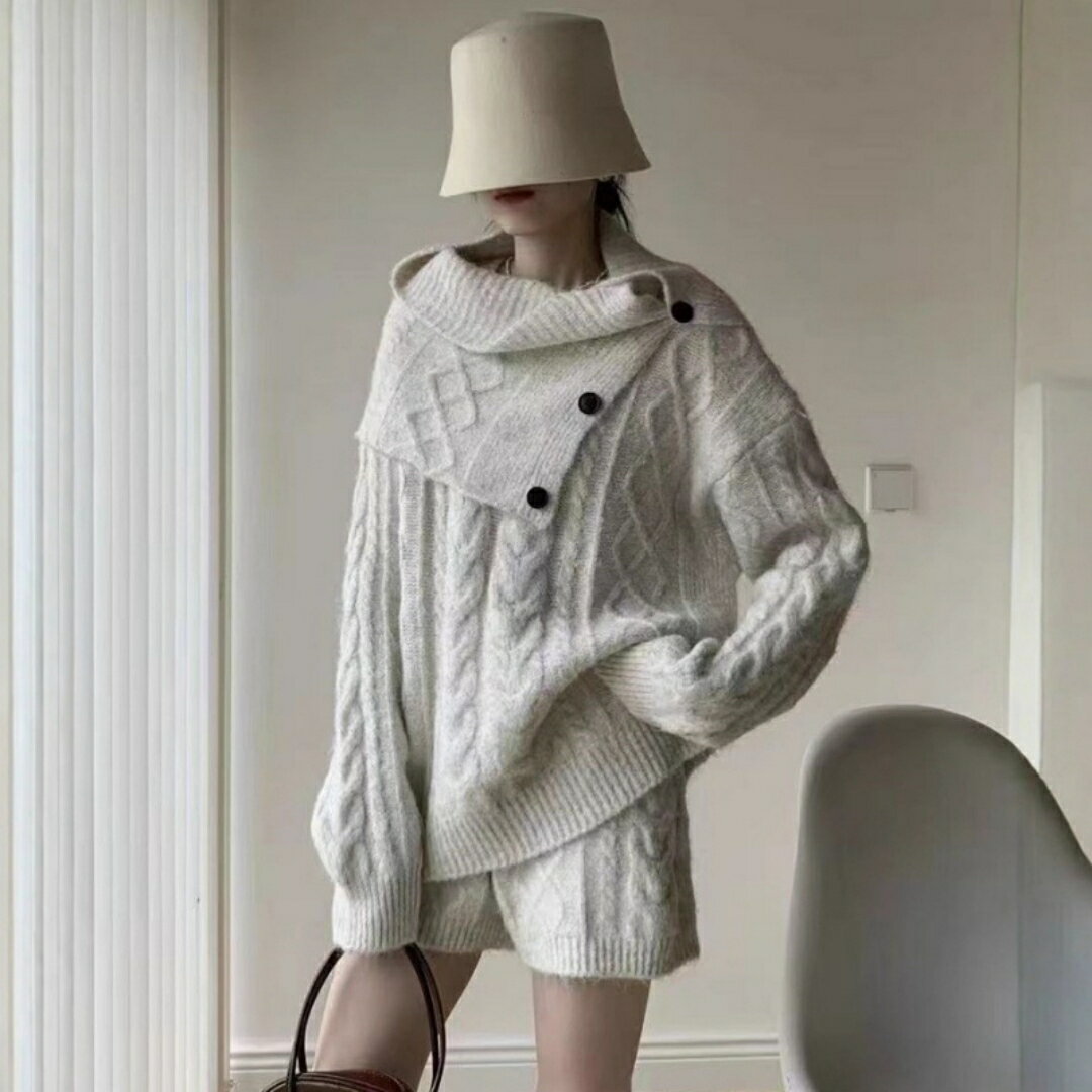 レディース 秋冬 ニットトップス ゆったり ケーブル編み レトロ フィット 暖か 柔らか ニットショーツ ストール セット 普段使い 部屋着 カジュアル スタイルx2