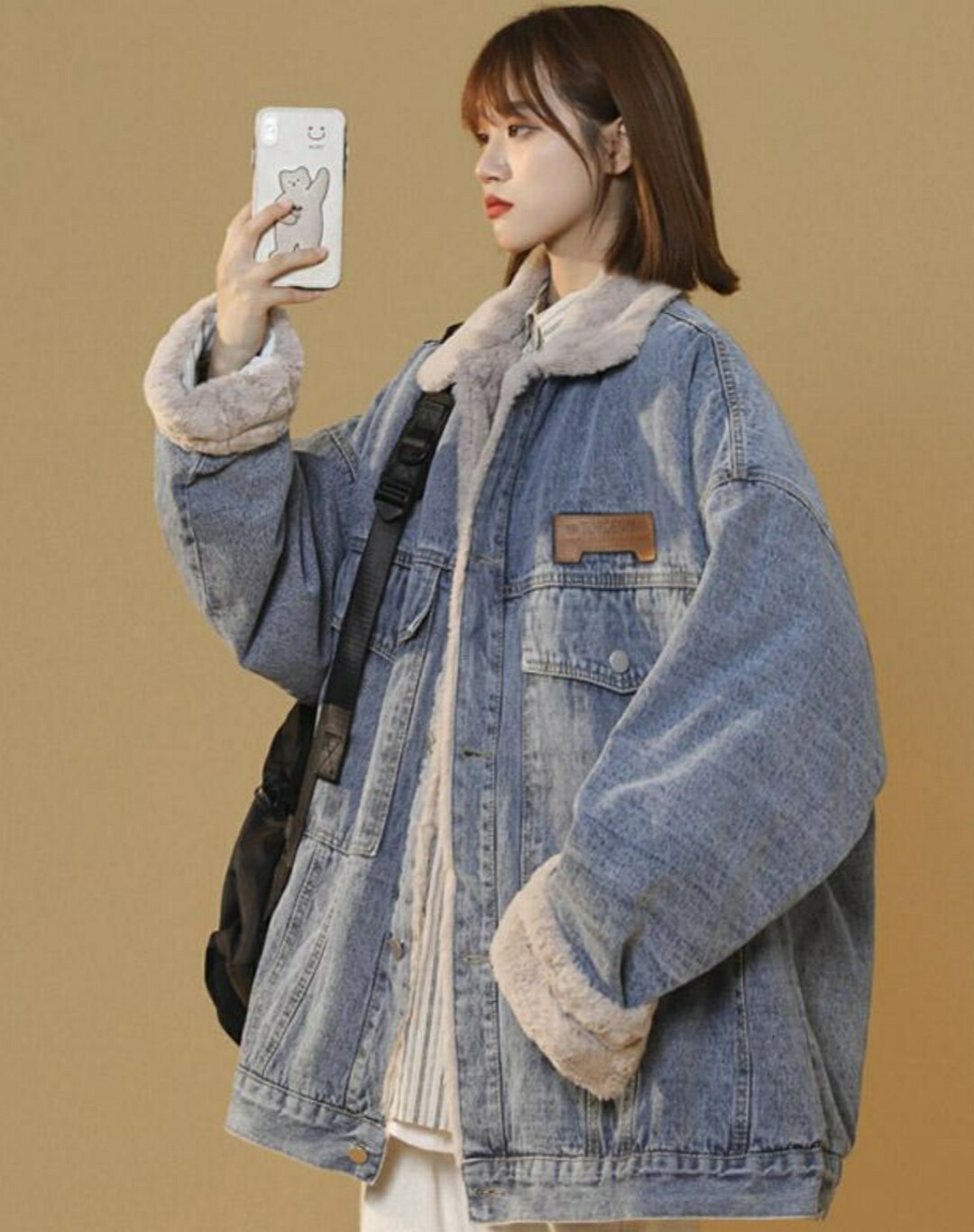 乐天商城 - 秋冬 ゆったり 暖か裏地 ボア カジュアル アウター 通勤 通学 軽量 デニム 綿素材 ブラック グレー系 トレンド 香港風 ストリート ファッション