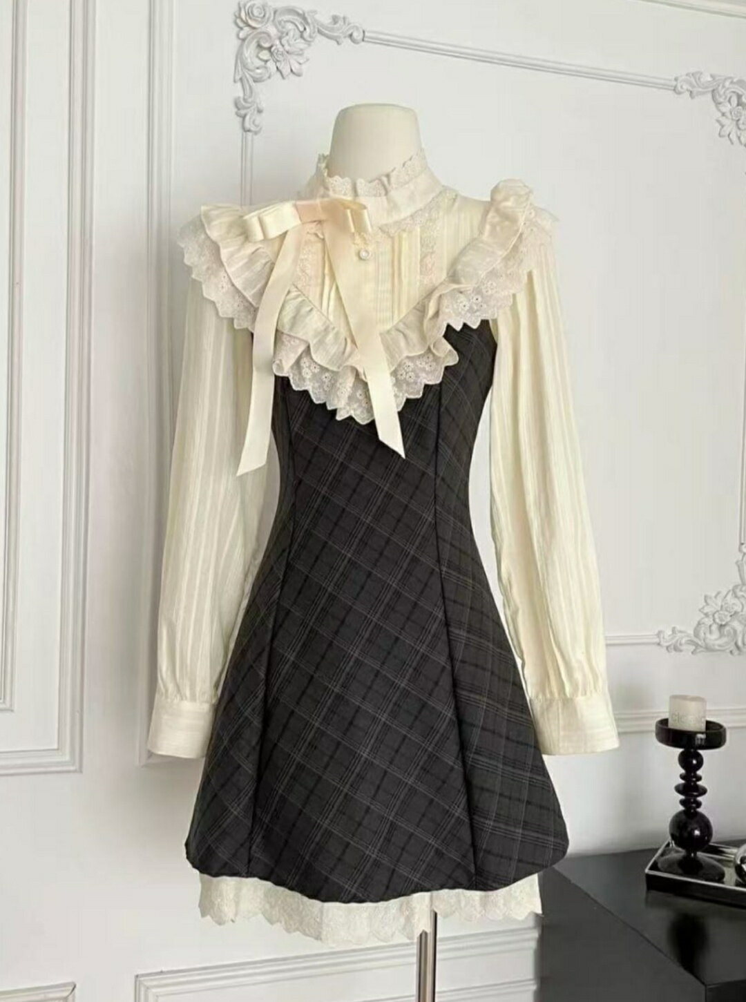 レディース 春秋用 ギンガムチェック レース拼接 ドレス ルアップ 配色 上品 きれいめ 大人 可愛い デート お出かけ よそゆき