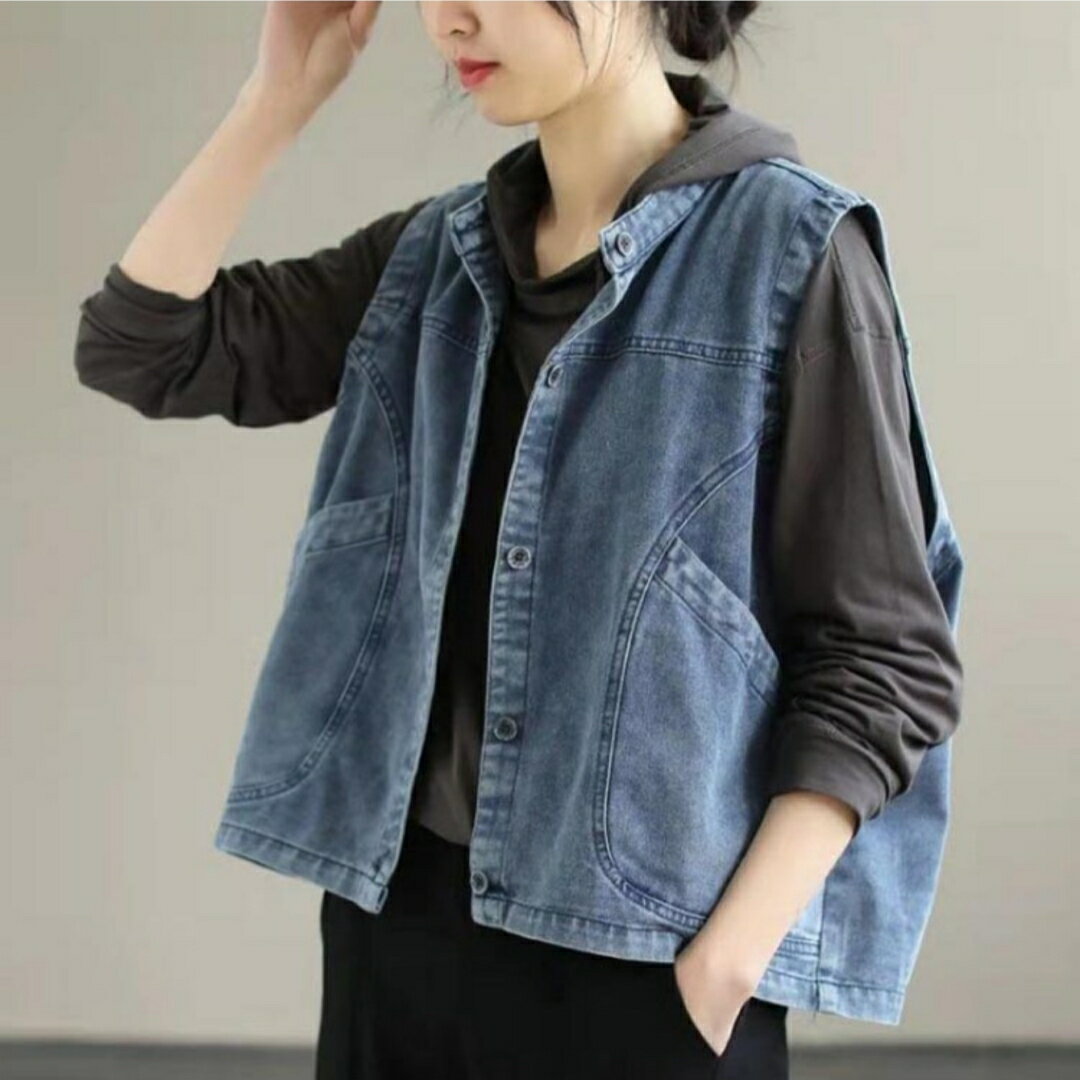 乐天商城 - 春夏秋 レディース デニムベスト ノースリーブジャケット 無地 カジュアルベスト デニムショートベスト デニムベスト おしゃれ ベスト カジュア フェミニン シンプル 大人 女性 トップス