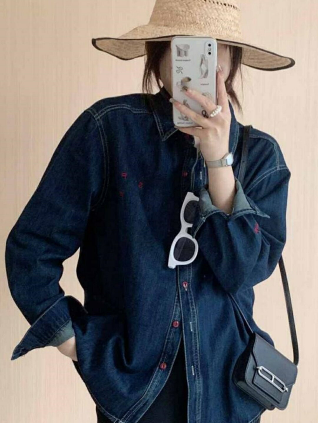 乐天商城 - レディース シャツ ゆったり 長袖 デニム アルファベット 刺繍 ベーシック カジュアル トップス 秋 日常使い コーディネート しやすい フィット