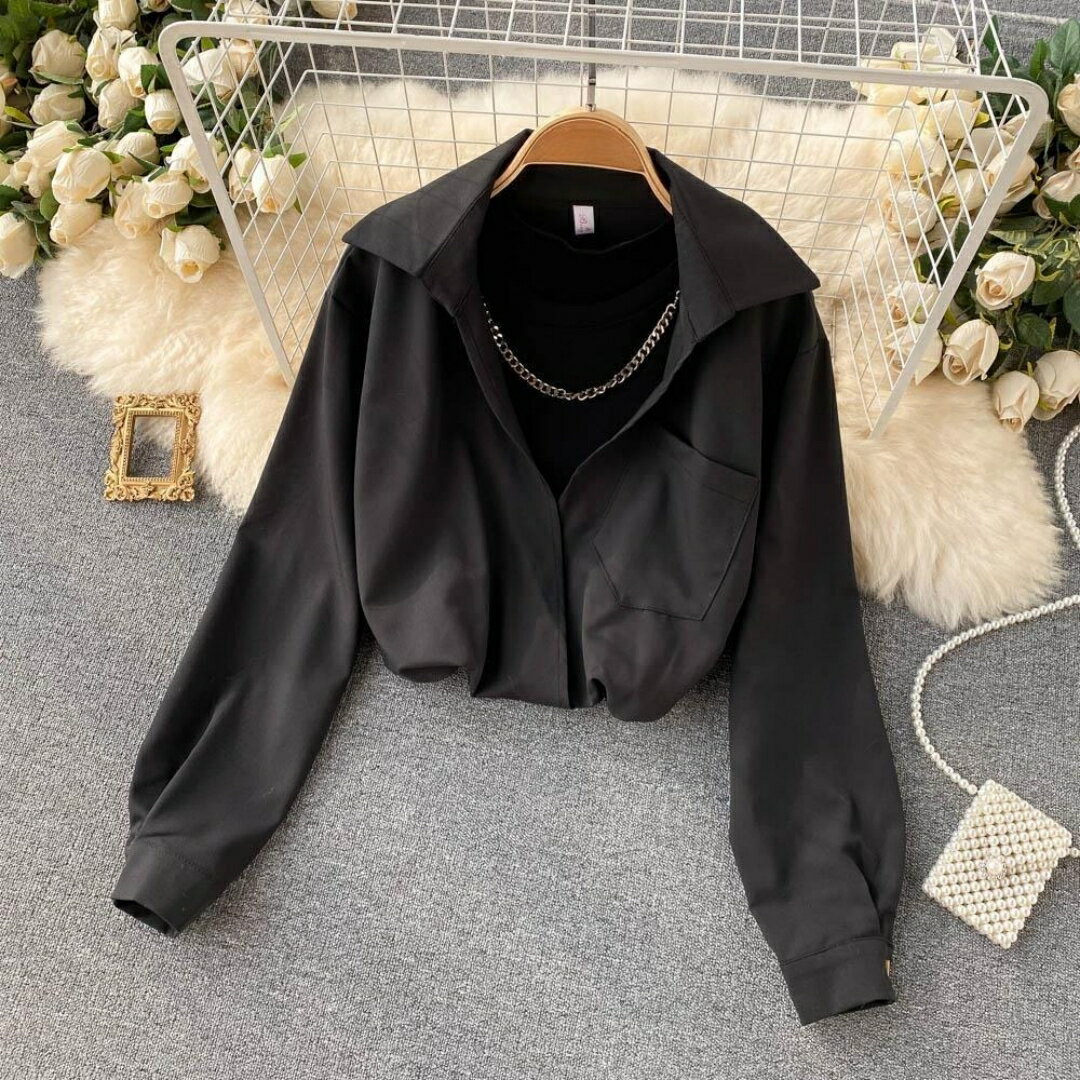 乐天商城 - レディース トップス フェミニン 秋服 拼接 ギャルソン風 おしゃれ 上品 チェーン飾り 拼接トップス シャツ ブラウス 長袖 エレガント おしゃれ