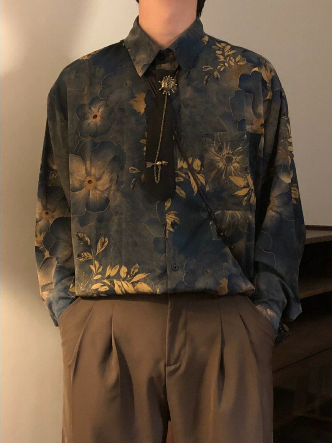 3点セットアップ メンズ レトロ 東洋テイスト トレンド ゆったり 長袖シャツ ワイドパンツ カジュアル 秋冬 ファッショント