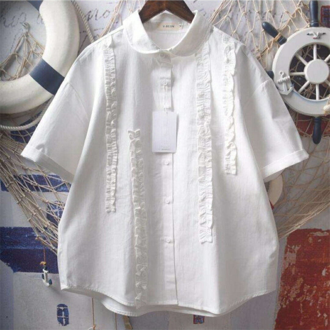 レディース 春夏 プチサイズ ギンガムチェック ピーターパンカラー フリル付き 半袖ブラウス トップス シャツ 人気 ゆったり ナチュラル カジュアル