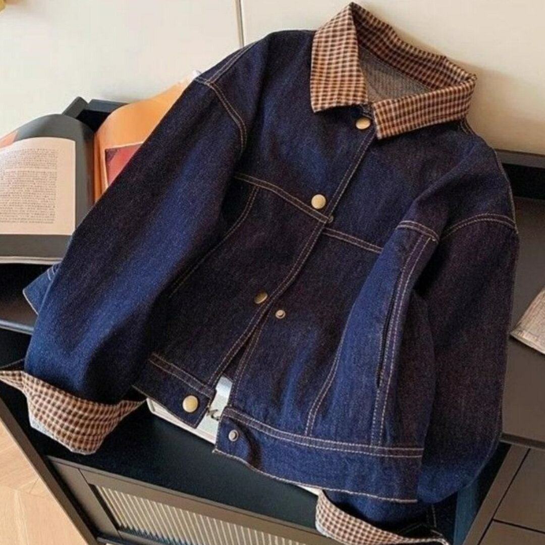 乐天商城 - レディース チェック拼接 デニムジャケット ラペルカラー付き ショート丈 デニム ビンテージ 春秋 小柄女性向け カジュアル 普段使い アウター 軽量 スタイリッシュ