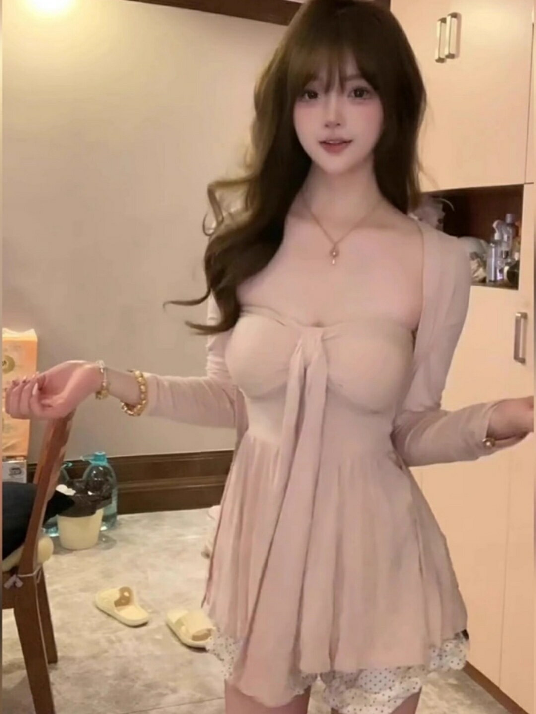 レディース 夏 UVカット 長袖 カーディガン オフショルダー タンクトップ 2点セット ピンク 無地 ポリエステル 軽量 伸縮性 プリンセススリーブ 純欲スタイル カジュアル