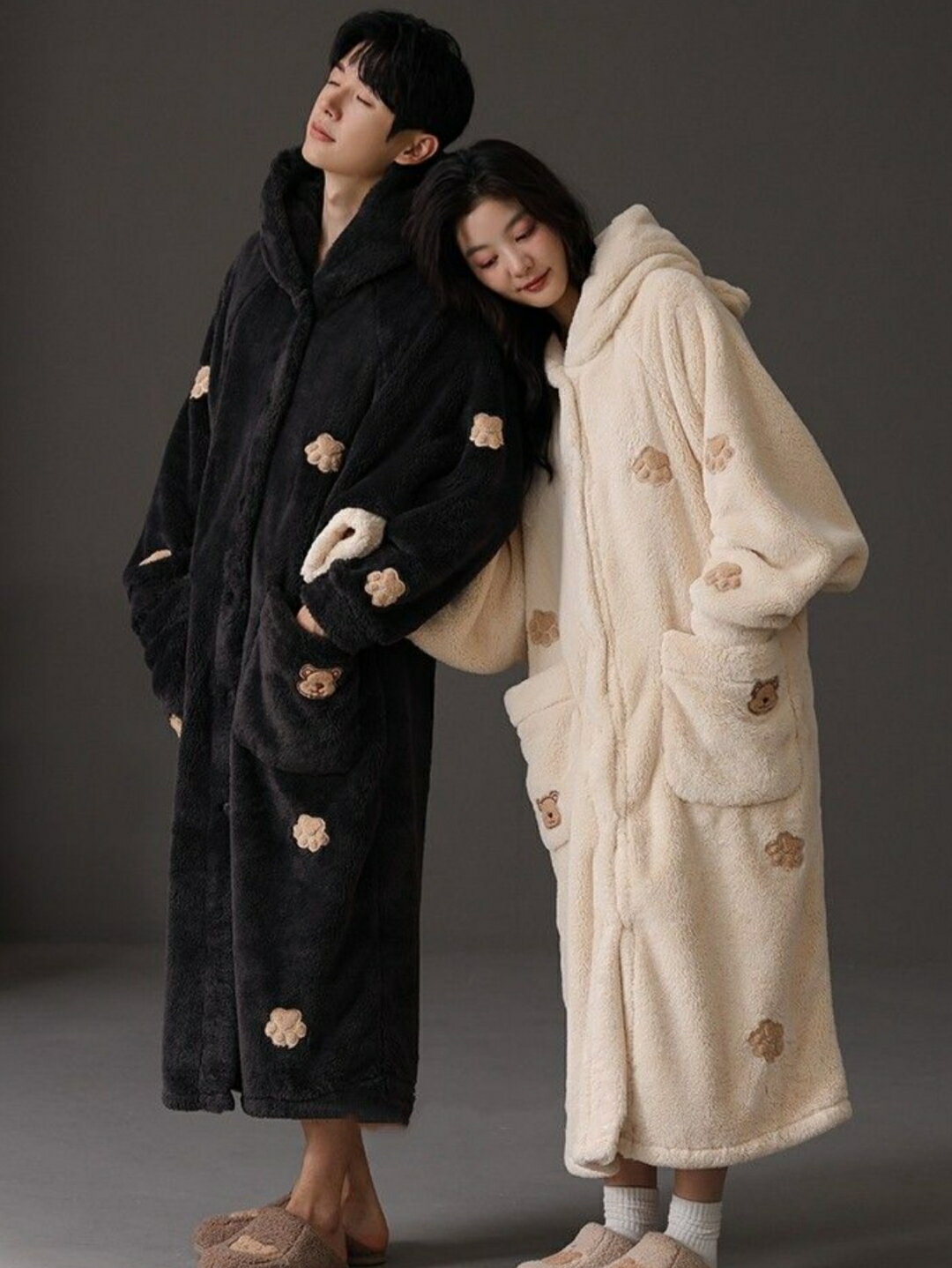 ルームウェア 男女兼用 カップル フランネル 寝間着 ナイトガウン 厚手 マイクロファイバー バスローブ ガウン 長袖 ロング丈 部屋着 パジャマ リラックスウェア 秋冬