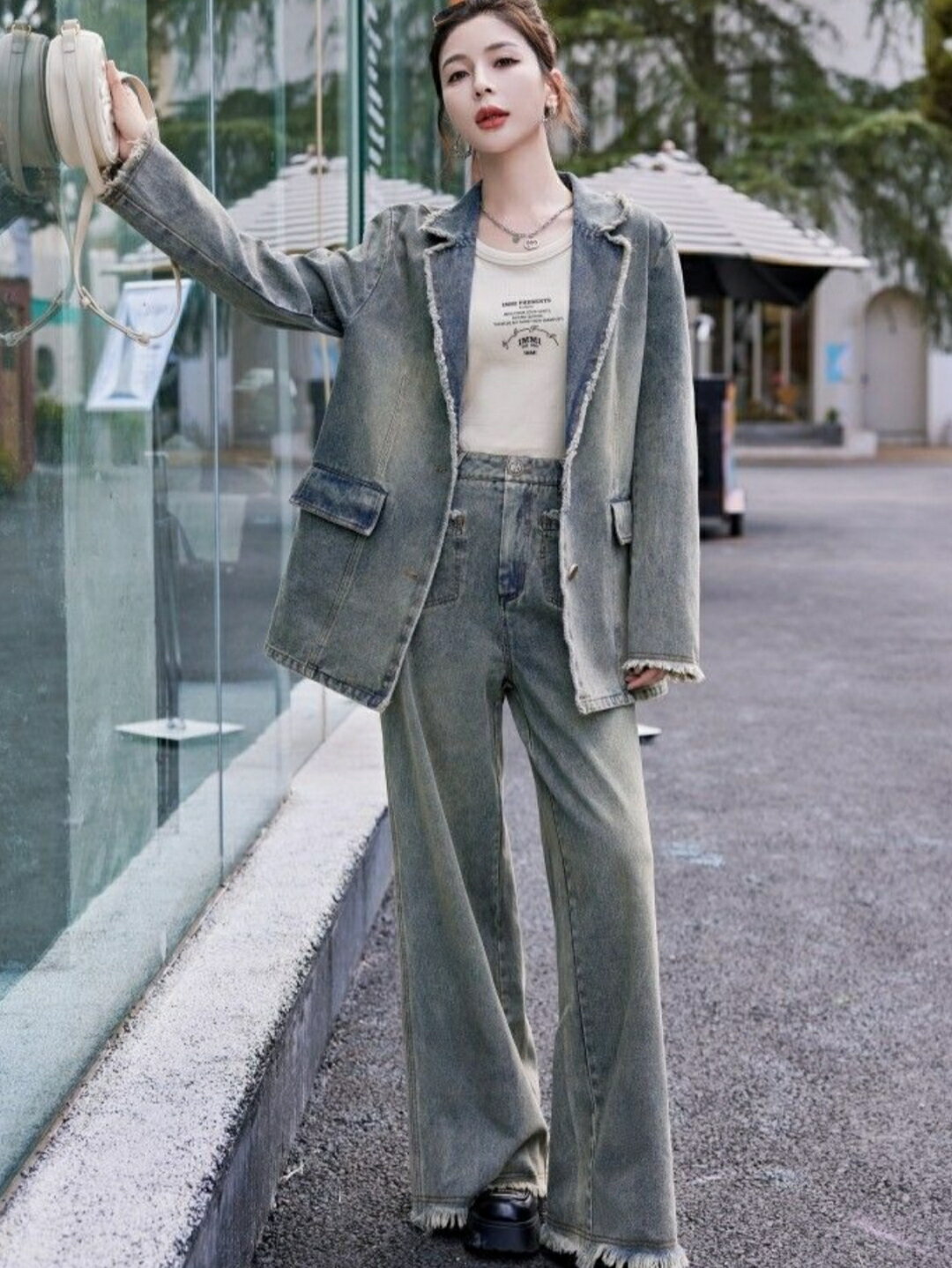 セットアップ 大人 上品 高級 おしゃれ デニム　スタイル レディース レトロ デニムスーツ ショート ジャケット ワイド レッグ パンツ ツーピース スーツ