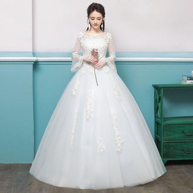 乐天商城 - ホワイトドレスフレア袖ウェディングドレス花嫁妊娠ハイネックドレス結婚式Aラインドレス長袖披露宴ブライダルドレス