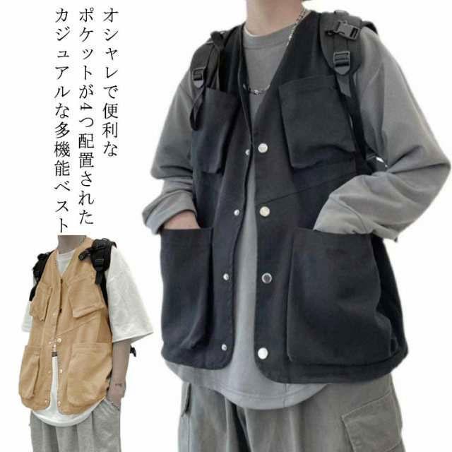 ベスト メンズ ワークベスト 多ポケット ジレベスト カジュアルベスト 前開き チョッキ ワーク風 ジレ 羽織り ゆったり ミリタリー 多機能ベスト