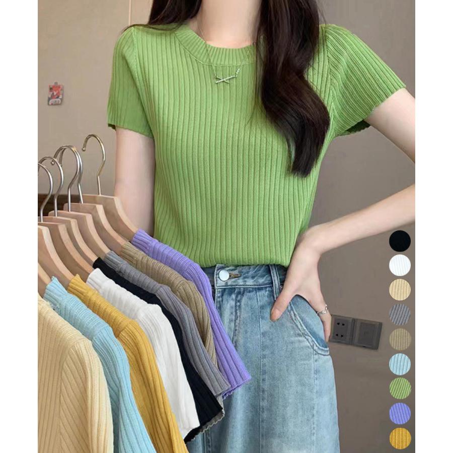 リブニットトップスサマーニット半袖春夏服夏 旅行 通勤 海辺 優雅 レディファッション おしゃれ 可愛い かわいい 送料無料 新作