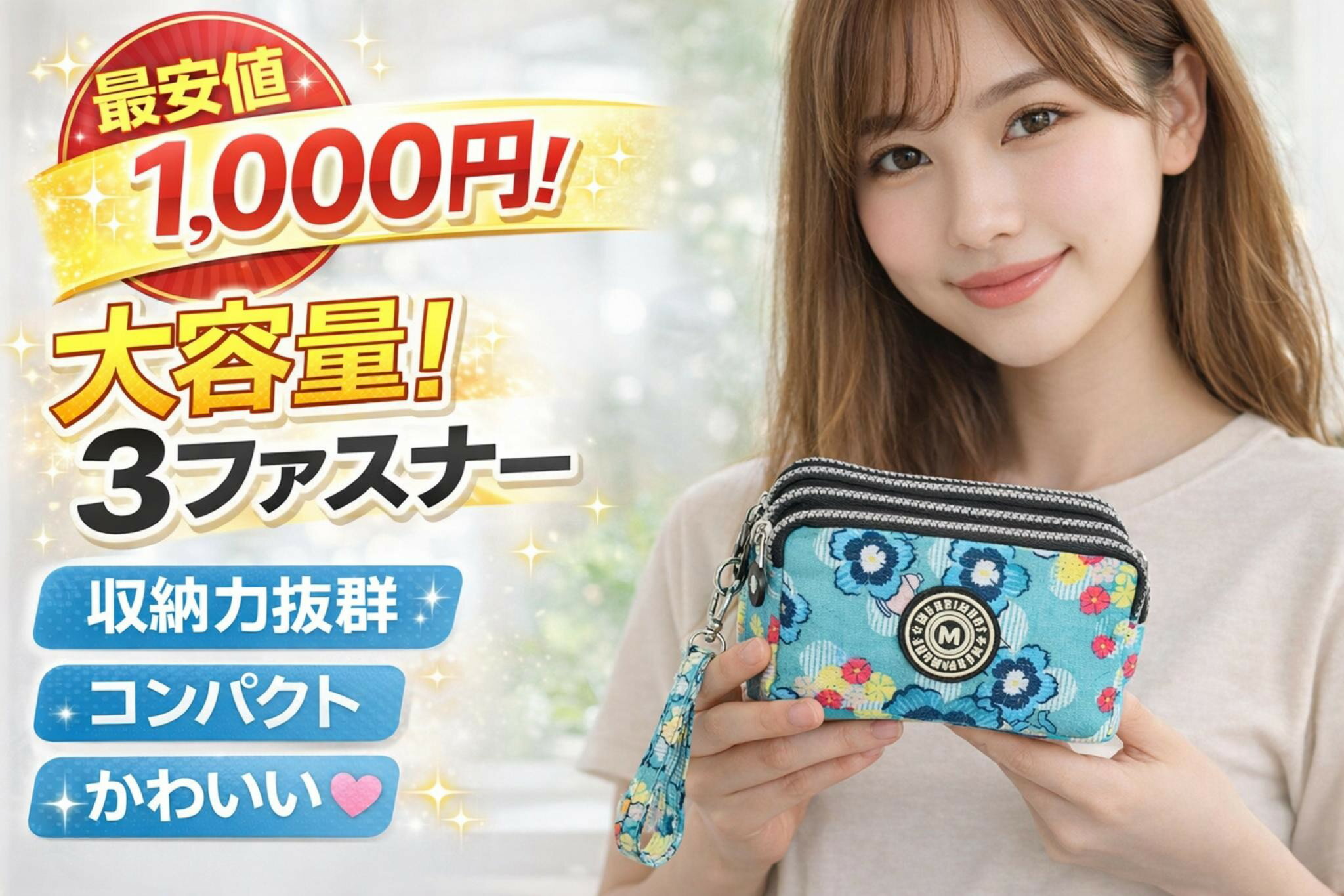 Rakuten - MP-00117 三連ファスナーポーチ メリーメントポーチ おしゃれ 可愛い コスメポーチ 化粧品 通帳ケース マルチポーチ 収納 機能的 便利