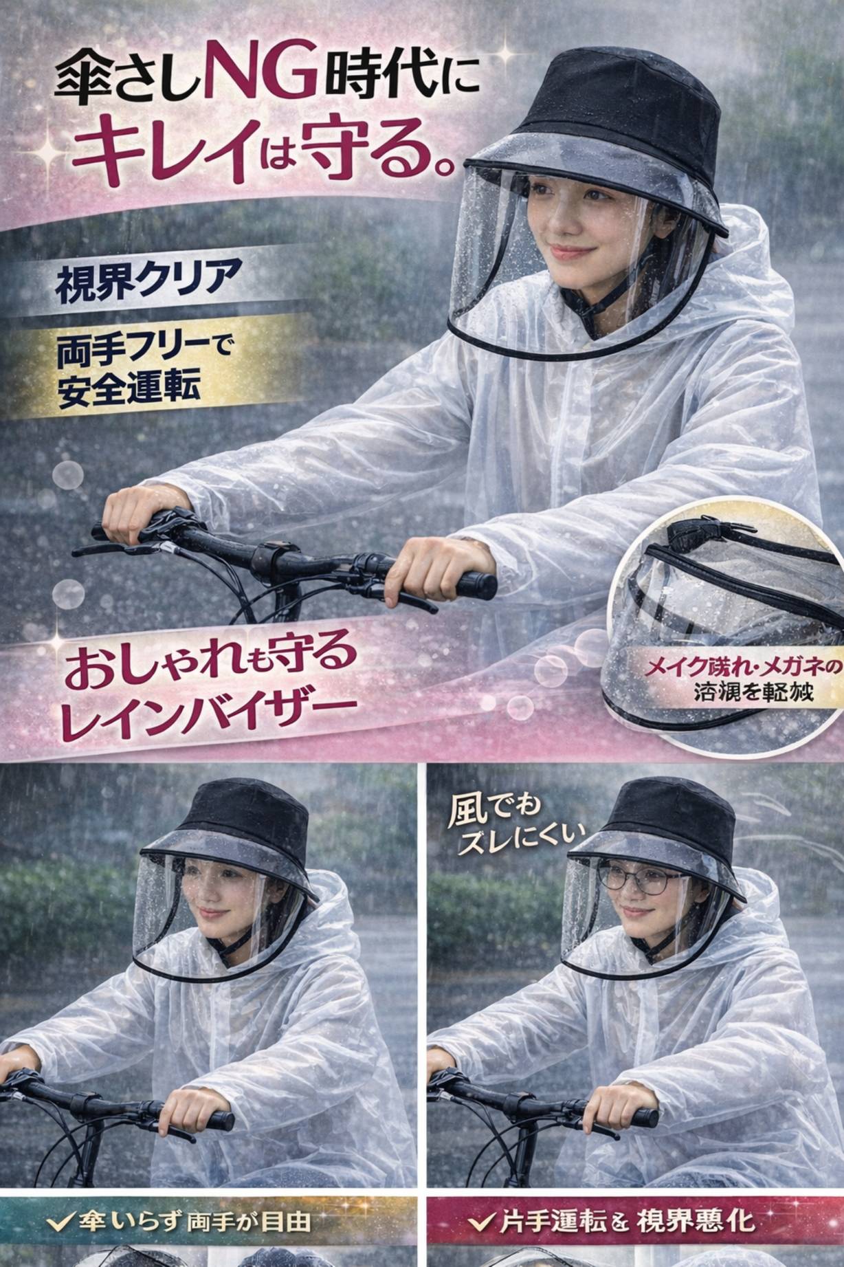 RB5　レインバイザー+帽子レインバイザー ワイドタイプ 顔濡れ防止 透明サンバイザー 晴雨兼用 雨具 通勤 通学 花粉対策 クリアバイザー マスク・メガネ対応 傘不要 レディース メンズ（楽天・ごりらつうはん香野商会）