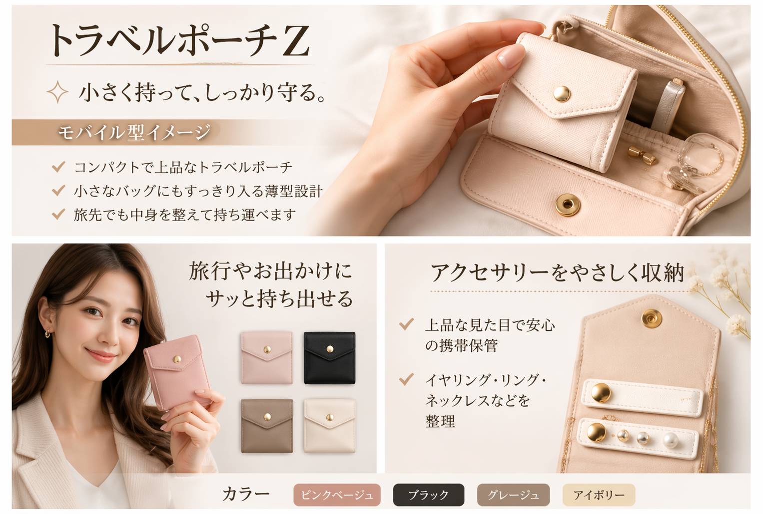 Rakuten - NBⅭ17sトラベルポーチ　ゼットファスナーポケットにアクセサリーを収納。背面全体がポケット小さいが想像以上に収納できます。