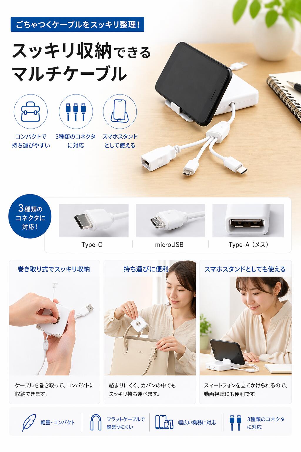 237001 スマホスタンド付き ケーブルホルダー 3in1 USBケーブル内蔵 Type-C microUSB USB-A対応 コンパクト収納 持ち運び便利 多機能ケーブル 充電ケーブル