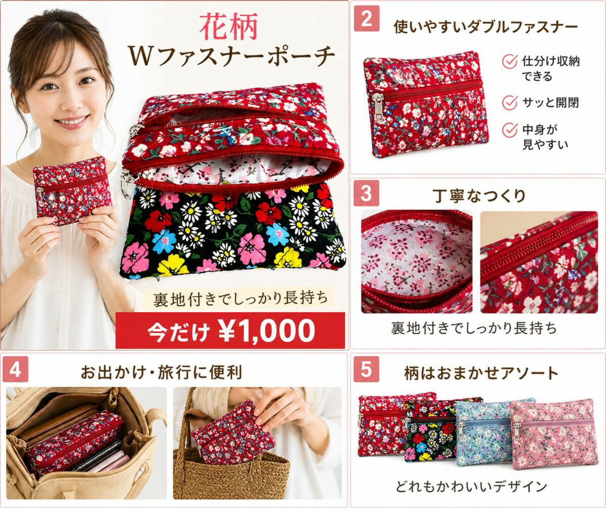 Rakuten - 2251 花柄WファスナーポーチWジッパーで整理整頓花柄キルト生地でふかふか大切な宝飾をいれたり小銭入れとしても丁度良い塩梅のサイズ用途の多いポーチです