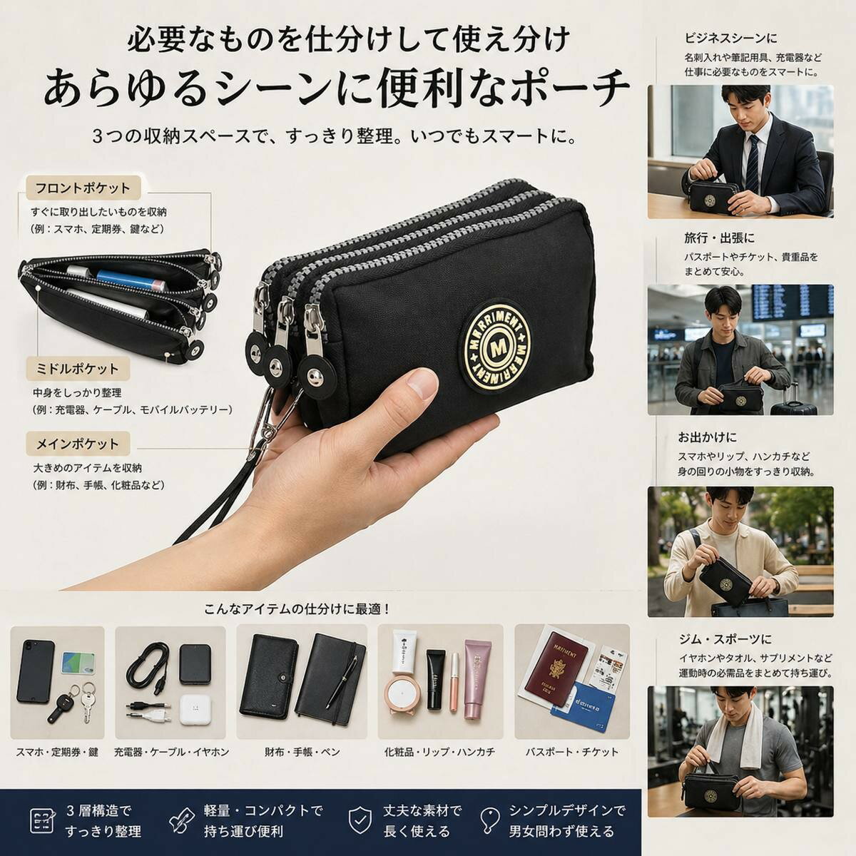 Rakuten - MP-00103 メリーメント カジュアルポーチ 3連ファスナー コスメポーチ マルチポケット 軽量デザイン メイクポーチ 手芸用具収納 プレゼント 便利 無地 大人気 ポーチ 小物入れ