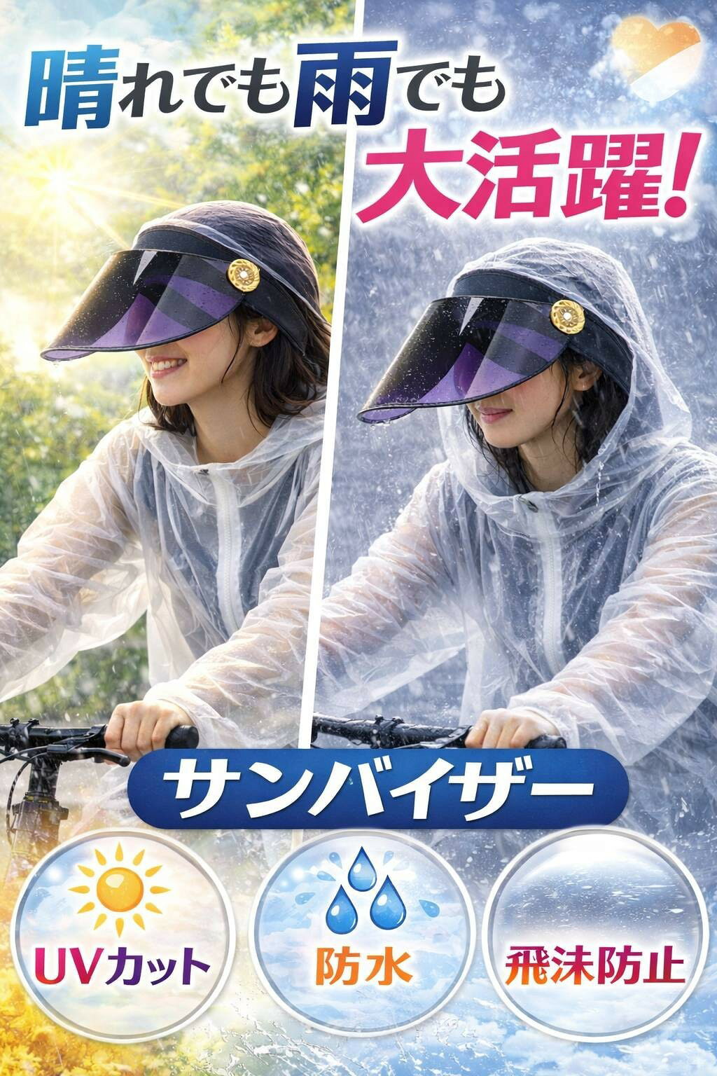 BSB31　晴雨兼用UVサンバイザー・UVサンバイザー 自転車 雨対策 日焼け防止 美容 紫外線対策 飛沫防止 フェイスガード 通勤 通学 散歩 レディース