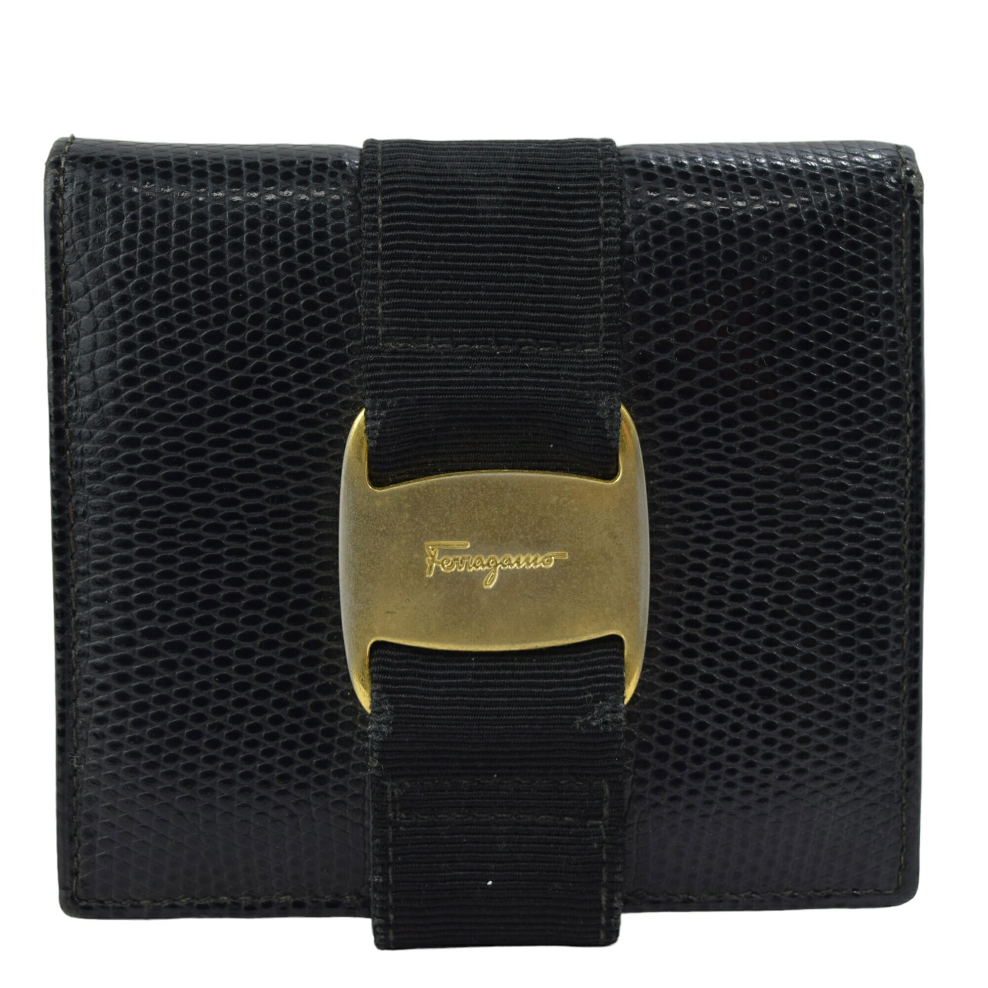 Salvatore Ferragamo フェラガモ 二つ折財布 ヴァラ レザー ゴールド金具 ブラック系 【中古】【送料無料】