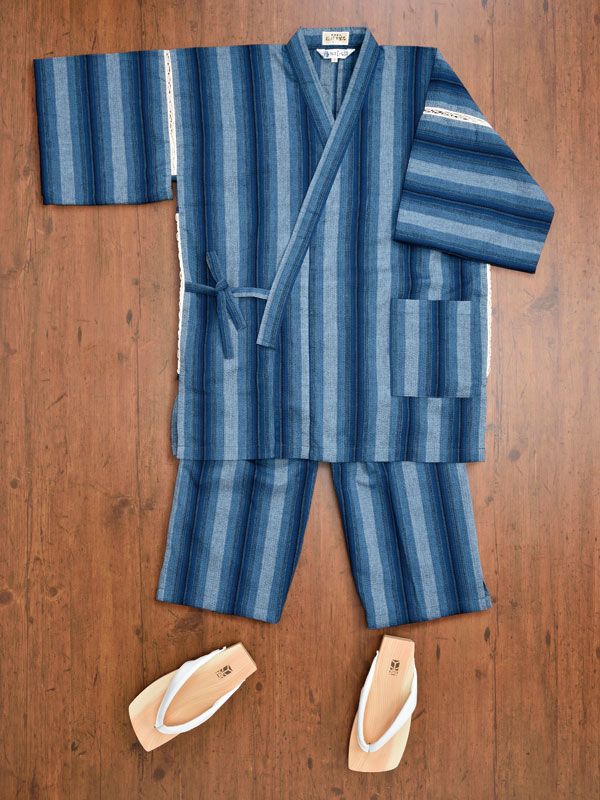 作務衣 さむえ さむい 作務服 メンズ 男性用 紳士 住職 寺院 寺用 大きいサイズ 春夏 春夏用 日本製 洗える M L LLサイズ 綿100％ [阿波しじら織甚平 紺縞 白格子 (M-LL)] 敬老の日 父の日 ギフト プレゼント