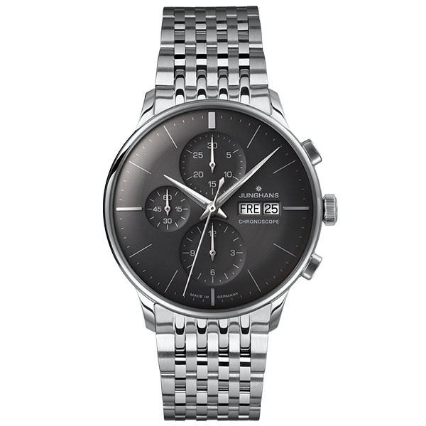 ユンハンス マイスター クロノスコープ 027 4324 47 サファイアクリスタル 英語表示 腕時計 メンズ JUNGHANS Meister Chronoscope 027/4324.47 自動巻 メタルブレス グレー系 クロノグラフ