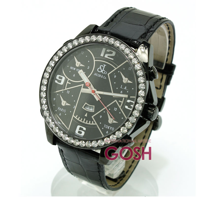 アウトレット ジェイコブ ファイブタイムゾーン JC-2BCD 腕時計 メンズ 47mm ダイヤモンドベゼル ブラック JACOB＆CO FIVE TIME ZONE